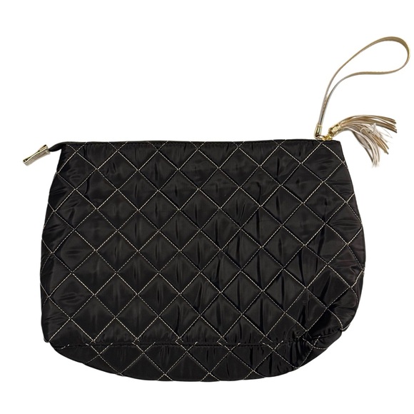 NWOT “Lucky” Large Black Quilted Cosmetics Bag With Gold Holographic Accents - Picture 2 of 7